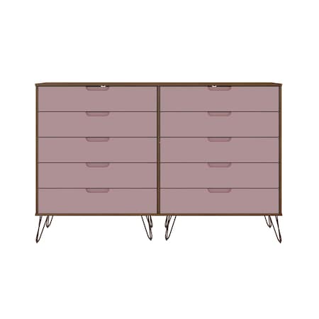 Manhattan Comfort Rockefeller 10-Drawer Double Tall Dresser in Nature and Rose Pink 156GMC6